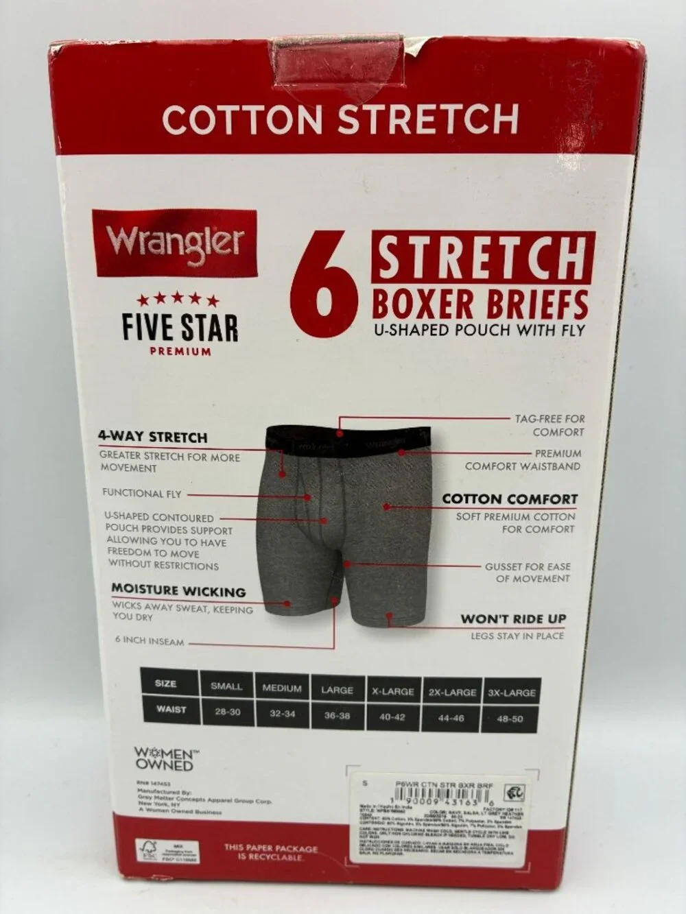Wrangler Five Star Premium Mens Small Boxer Briefs Stretch 6-Pack Cotton Comfort